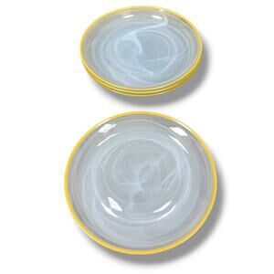 ArdaCam Art of Tabletop Turkish Glass Salad Plates Yellow White Swirl Lot of‎ 4
